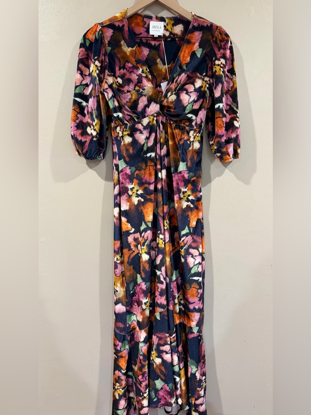 NWT Misa Los Angeles Navy Floral Long Sleeve Maxi Dress size XS fits Smalk